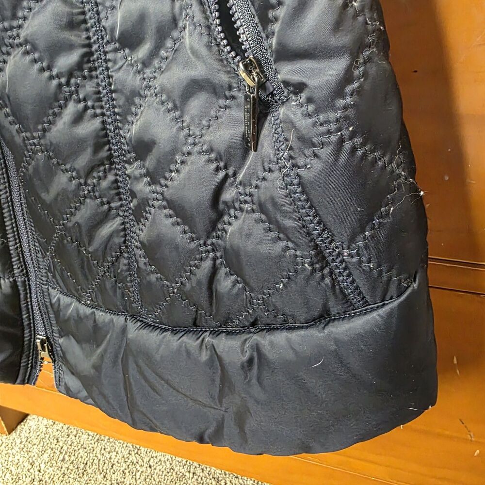 Laundry By Shelli Segal Quilted Jacket Coat Size Medium Navy Belted Hood Zip - Picture 7 of 16